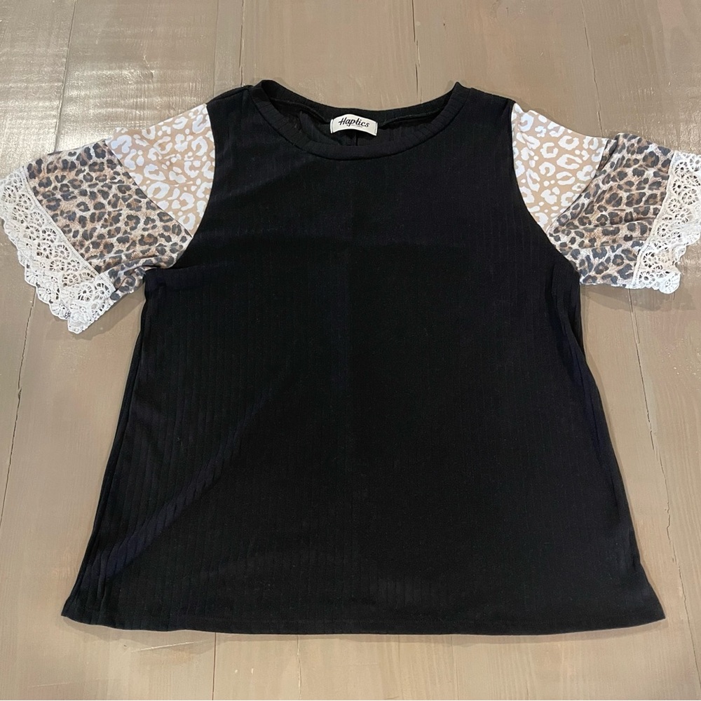 Hapatics Black Top with Leopard and Lace Sleeves